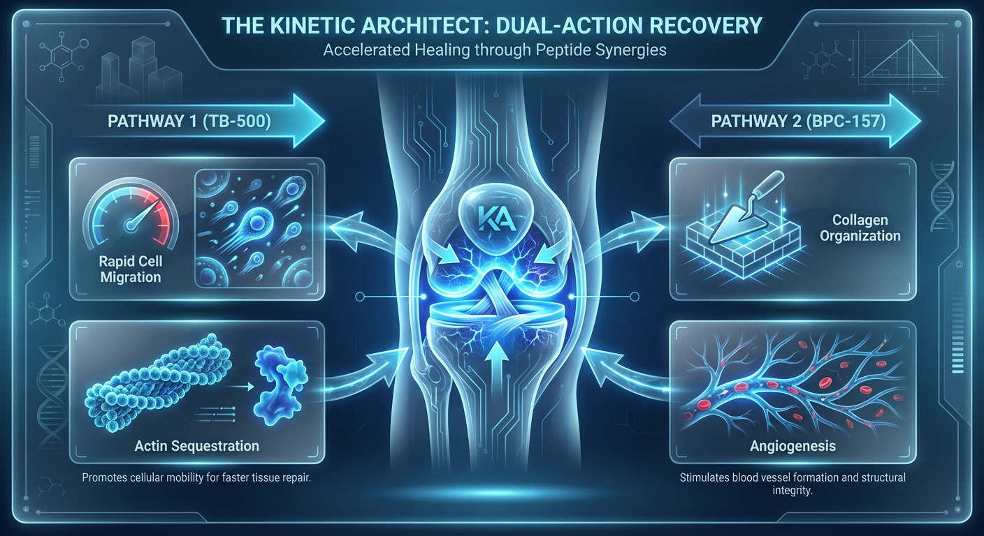 An infographic titled 'The Kinetic Architect' illustrating the synergistic relationship between BPC-157 and TB-500. TB-500 is depicted as a 'Mobilizer' moving cells to an injury site, while BPC-157 is depicted as a 'Master Builder' organizing collagen fibers.