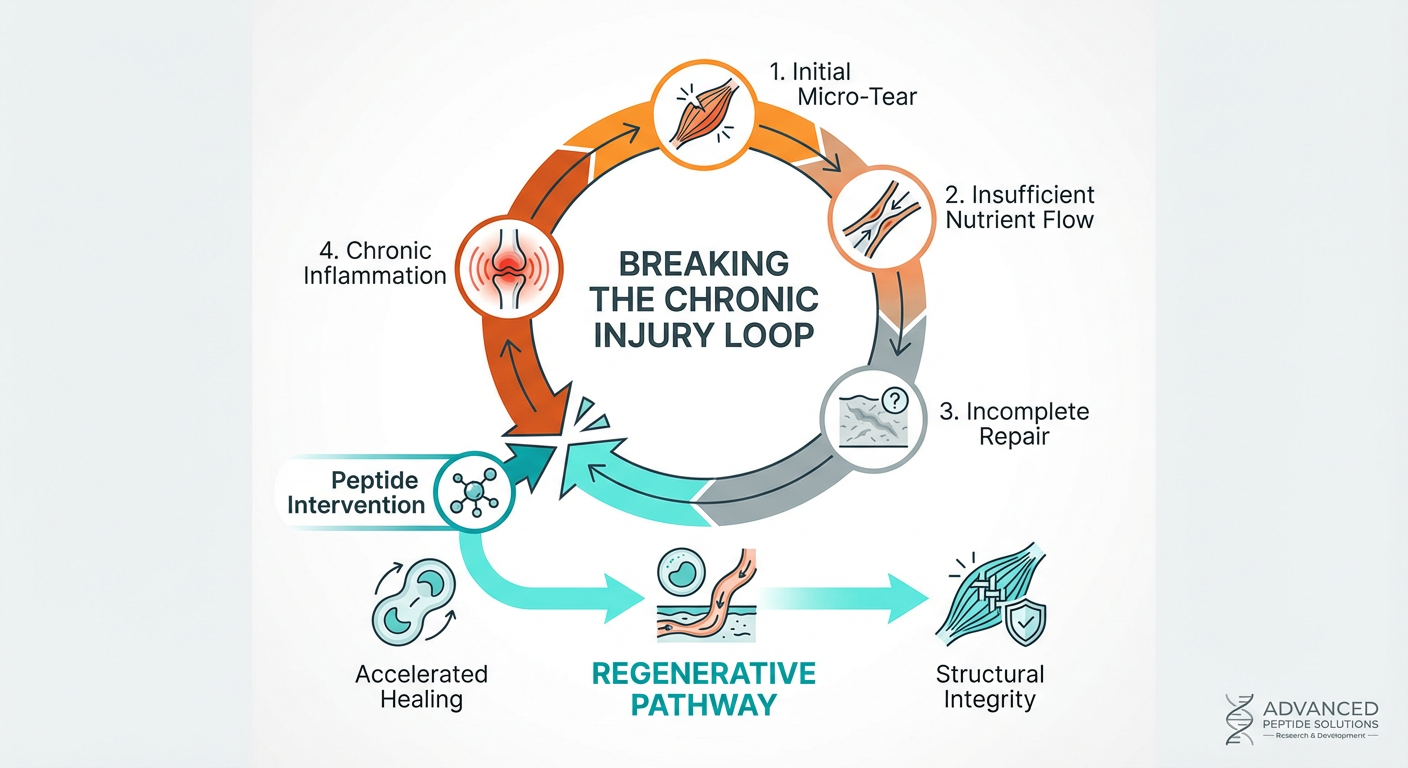 A flow chart diagram illustrating the 'Chronic Injury Loop' of a ligament sprain, showing the steps from the initial tear to incomplete healing and chronic pain, contrasted with the 'Peptide Intervention' phase.