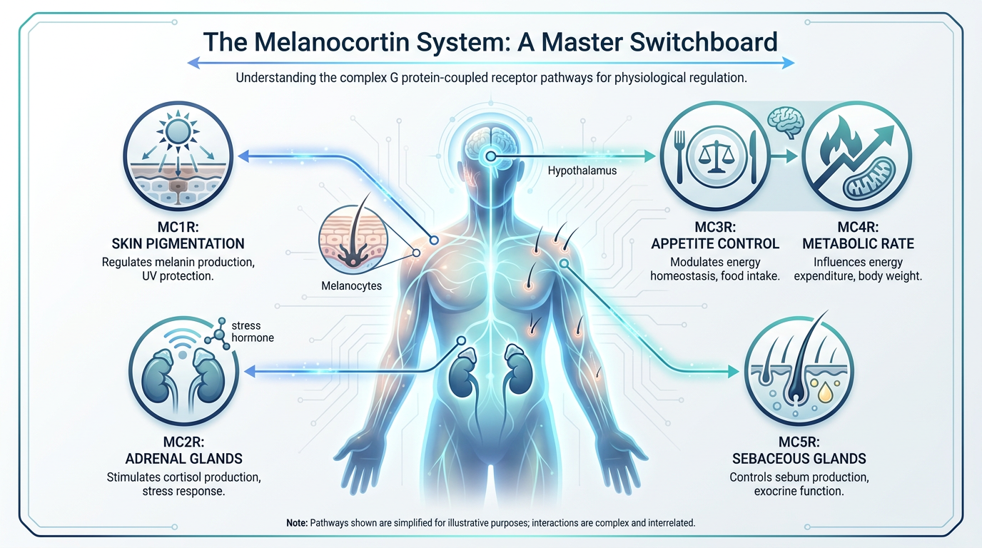 A clean, medical infographic mapping the five melanocortin receptors (MC1R-MC5R) and their physiological functions using human body silhouettes and icons.