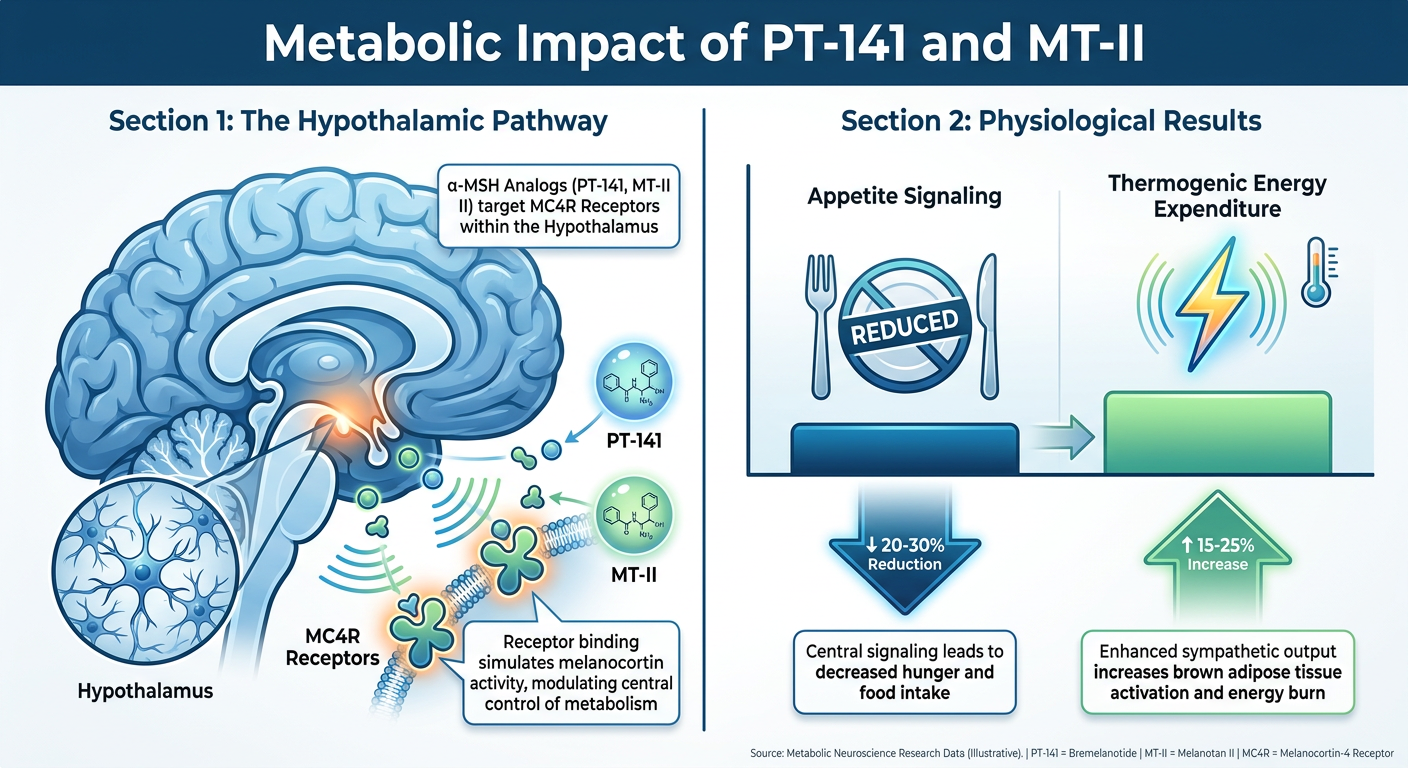 A comparative scientific infographic showing how PT-141 and MT-II interact with the Hypothalamus to suppress appetite and increase energy expenditure compared to baseline metabolic states.