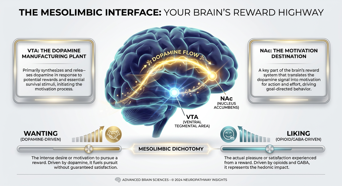 A medical infographic titled 'The Reward Highway' showing the neural pathway between the Ventral Tegmental Area and the Nucleus Accumbens, highlighted with dopamine flow.