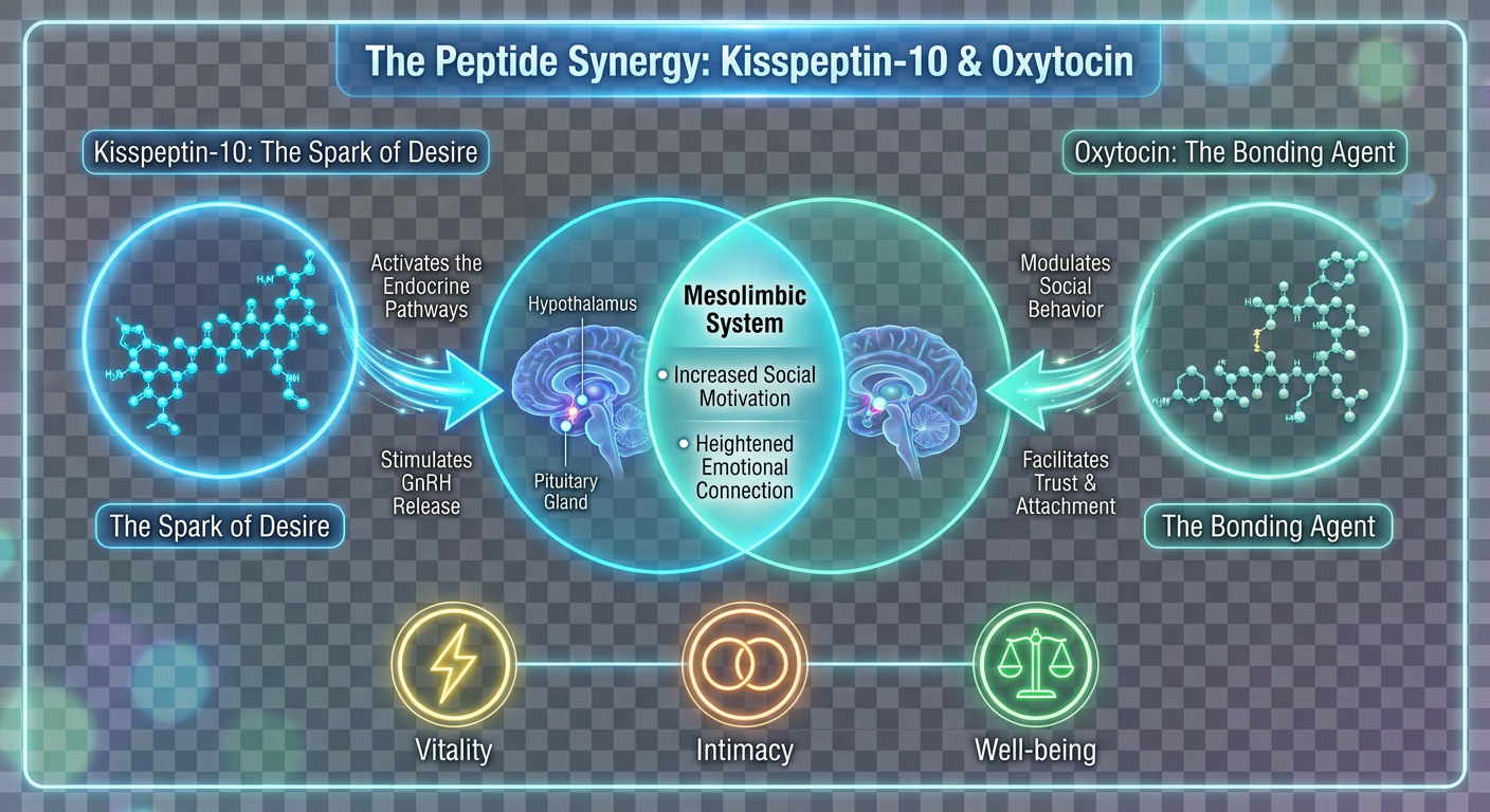 A scientific infographic showing the synergistic relationship between Kisspeptin-10 and Oxytocin in the brain's reward center.