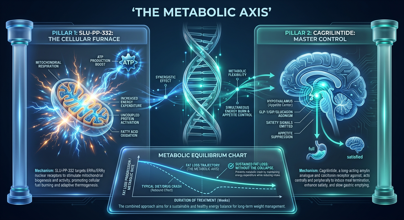 A scientific infographic titled 'The SLU-PP-332 and Cagrilintide Axis' showing a dual-action mechanism. One side shows mitochondrial activation (SLU-PP-332) and the other shows appetite regulation (Cagrilintide). Teal and white color scheme.
