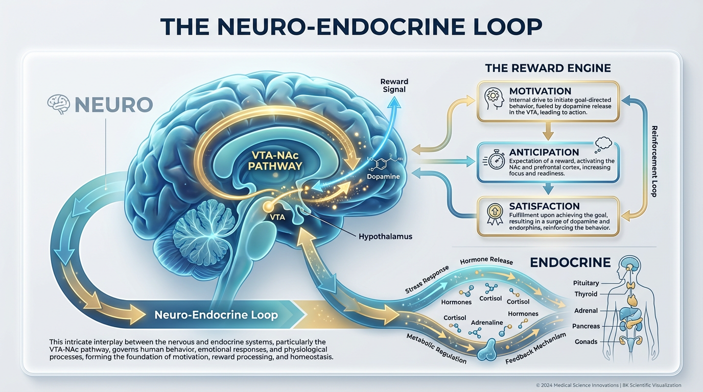 An anatomical infographic of the human brain highlighting the VTA-NAc pathway and the neuro-endocrine loop, using blue and teal tones.
