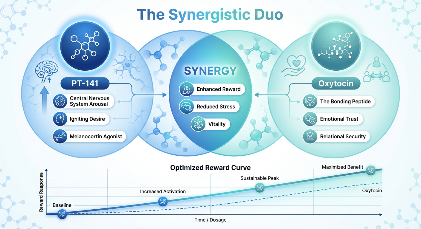 A comparison infographic showing the synergistic effects of PT-141 and Oxytocin on the brain and body.