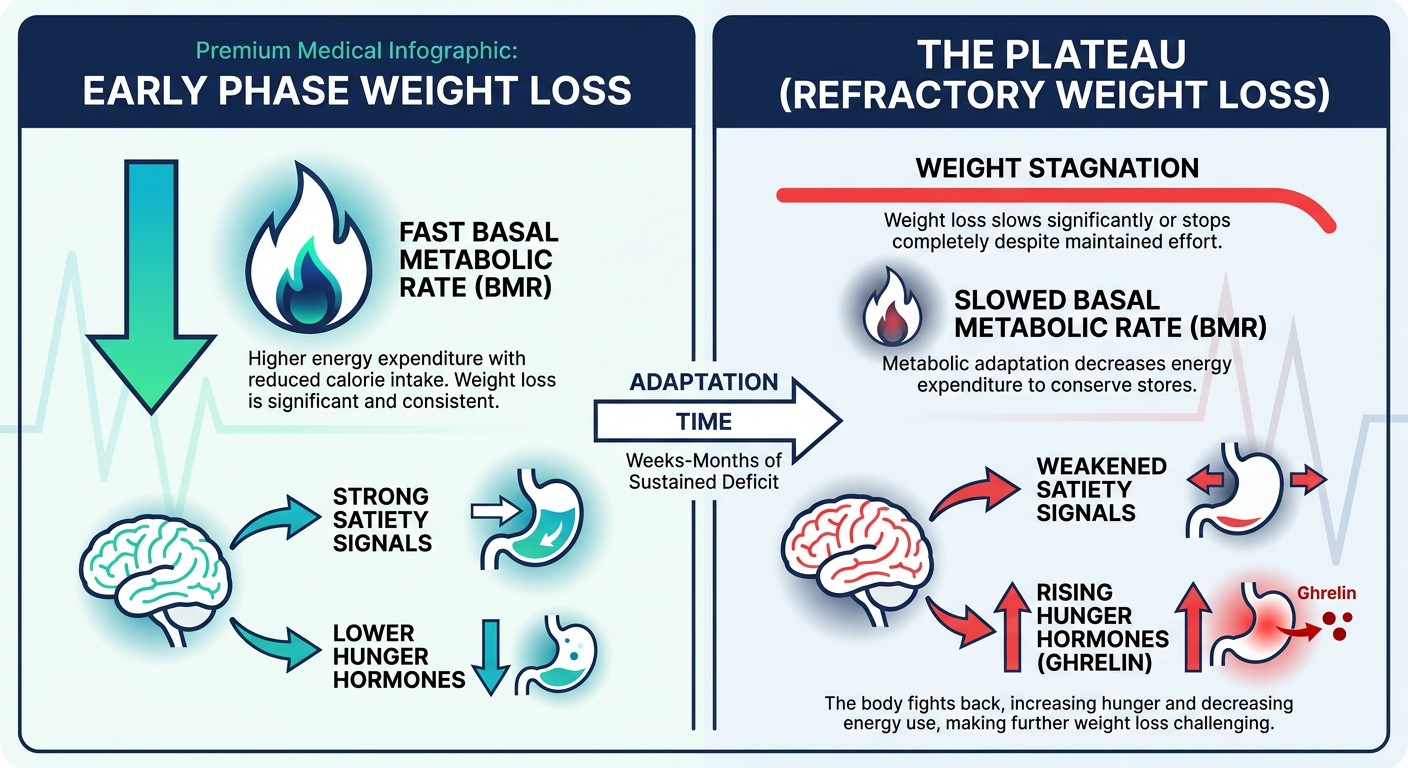 A professional medical infographic explaining the metabolic weight loss plateau. It compares a healthy metabolism to metabolic adaptation, showing how the body decreases calorie burning and increases hunger signals during weight loss.