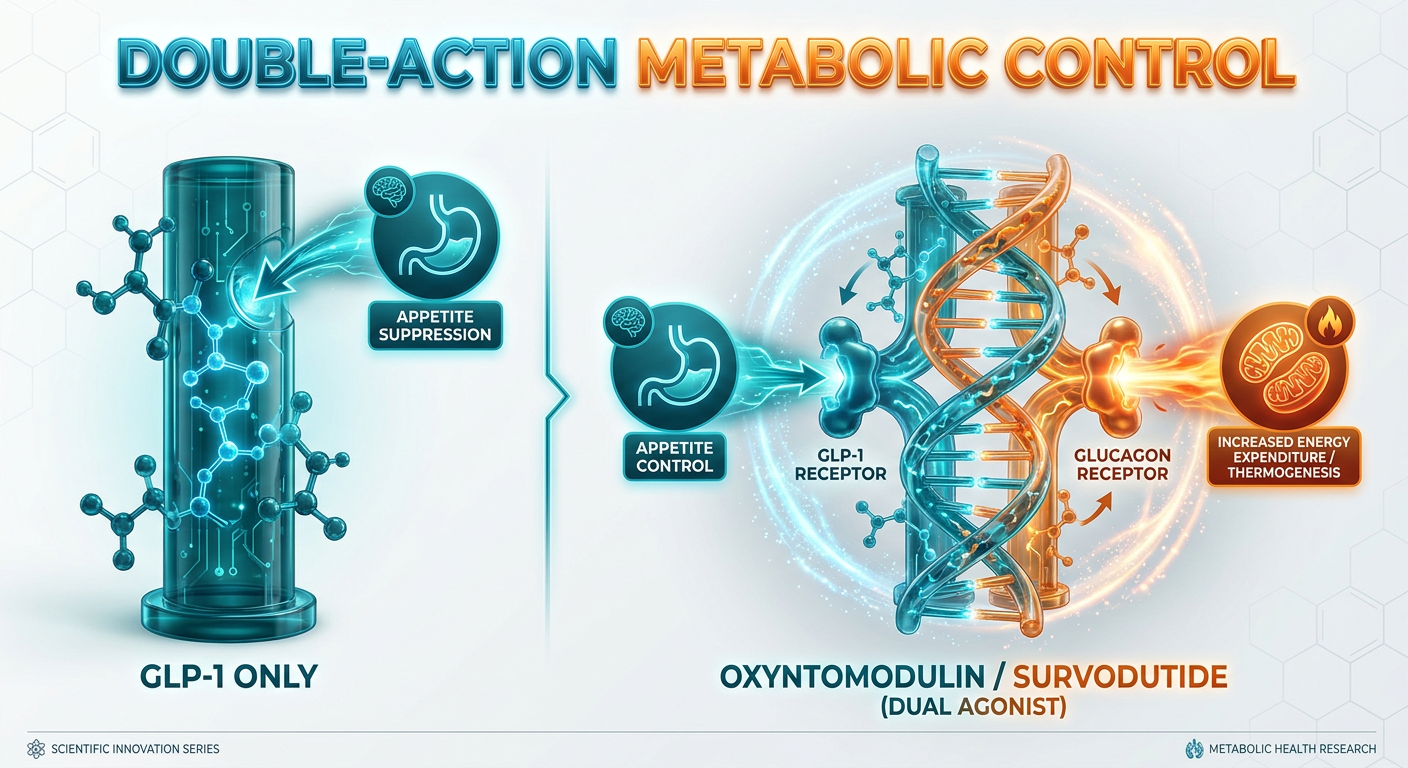 A scientific comparison diagram showing GLP-1 mono-therapy versus Oxyntomodulin-inspired dual-agonism. It shows the GLP-1 receptor controlling appetite and the Glucagon receptor controlling energy expenditure.
