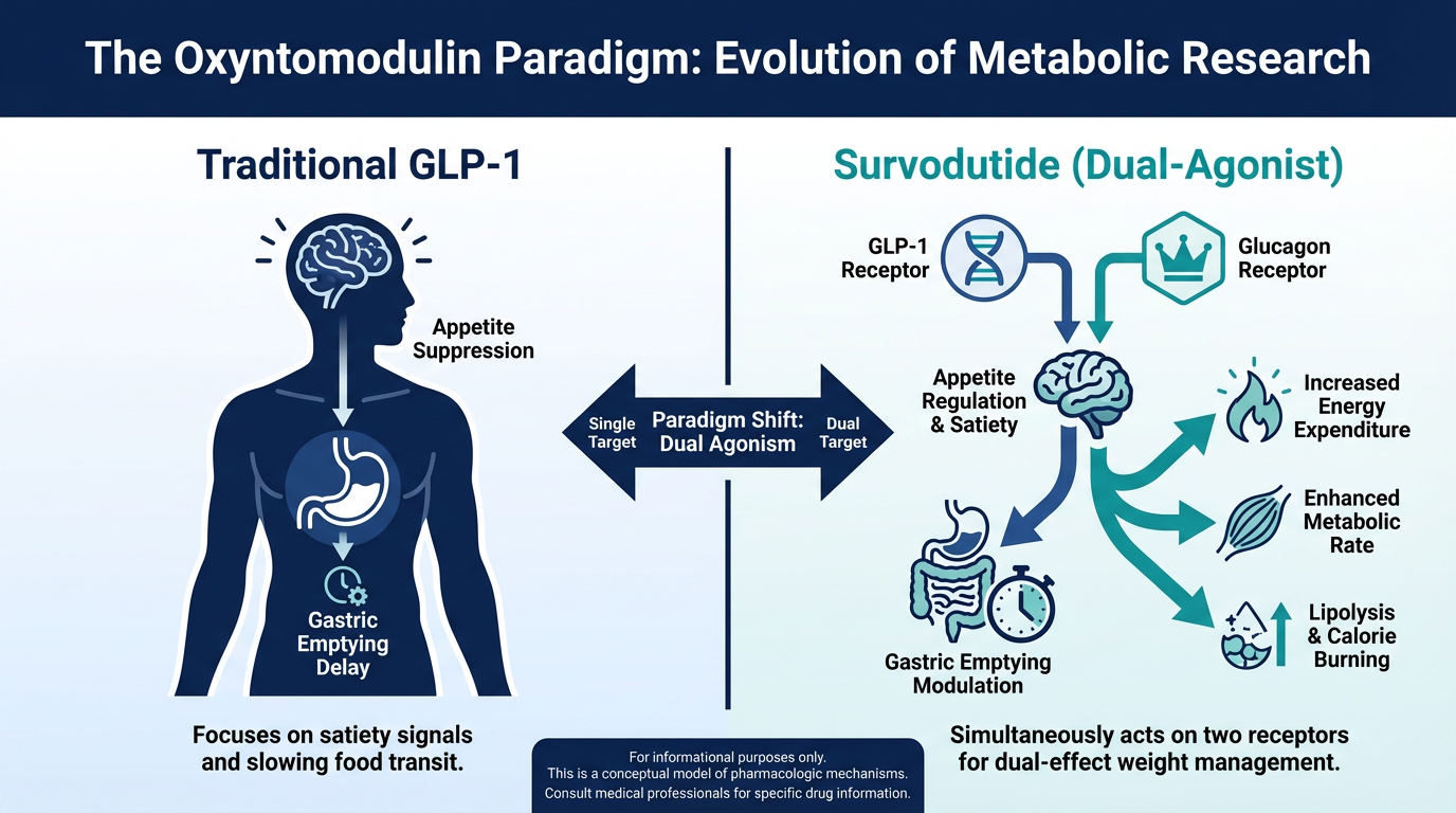A scientific infographic titled 'The Oxyntomodulin Paradigm,' comparing GLP-1 mono-agonists with Survodutide dual-agonists. Illustrations show GLP-1 acting on the brain for appetite control versus the dual-action of Survodutide on both GLP-1 and Glucagon receptors to increase energy expenditure.