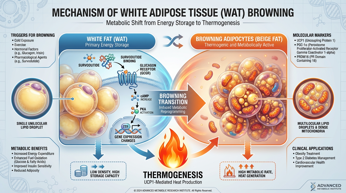 An infographic titled 'White Adipose Tissue Browning' showing the transformation of large, inactive white fat cells into small, mitochondria-rich brown-like beige fat cells. Receptors for Glucagon are shown triggering mitochondrial biogenesis and thermogenesis.