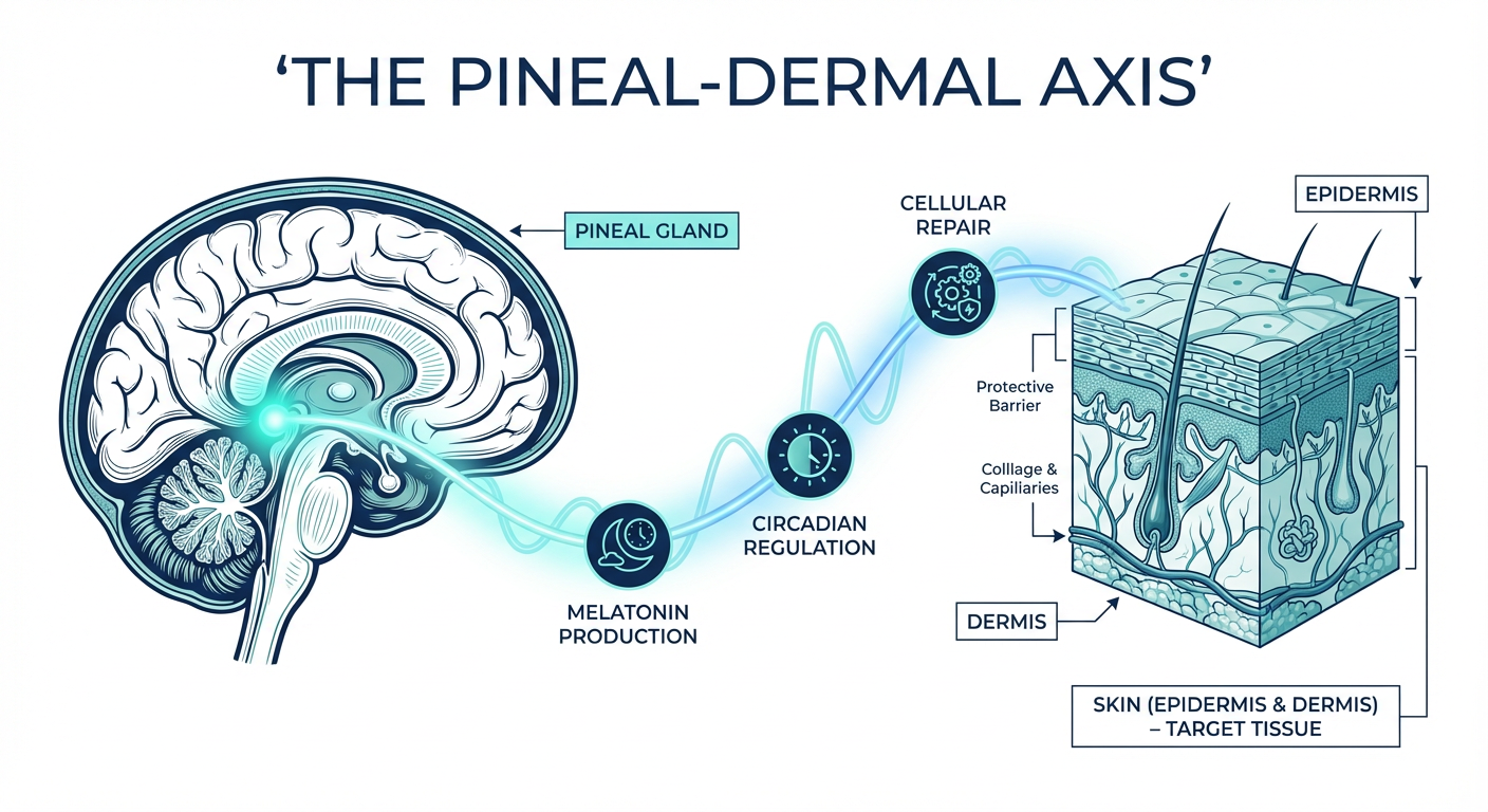A scientific infographic showing the Pineal-Dermal Axis, connecting the pineal gland in the brain to the layers of the skin through melatonin signaling and cellular repair pathways.