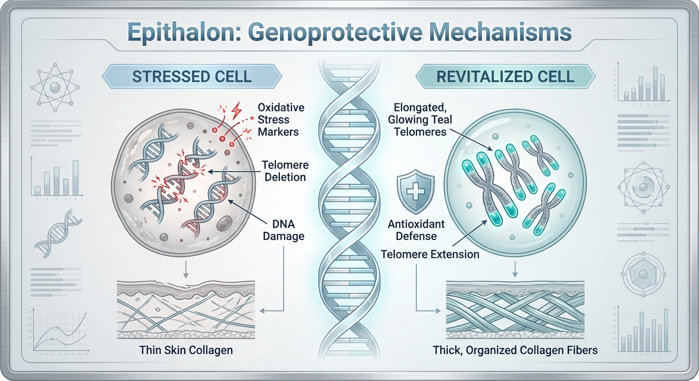 A comparison infographic showing a cell with Shortened Telomeres and damaged DNA versus a cell treated with Epithalon showing Telomere lengthening and Genoprotection.
