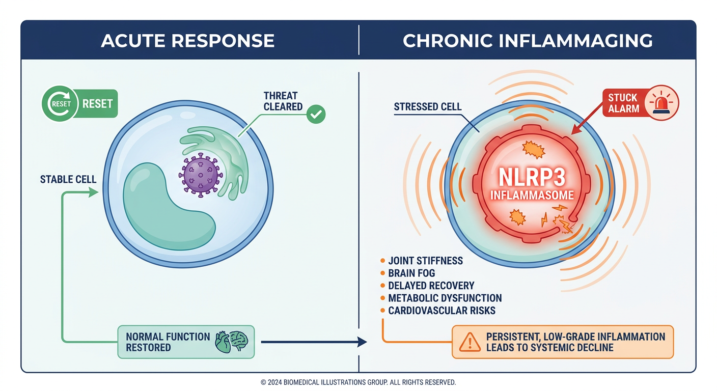 Professional medical infographic illustrating the NLRP3 Inflammasome activation cycle, comparing a healthy acute response to chronic systemic inflammation or inflammaging.