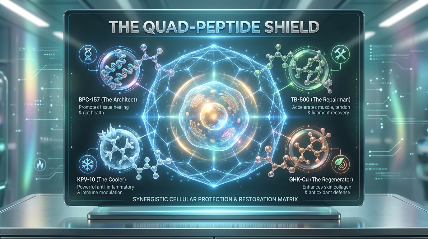 Detailed infographic showing four distinct peptide molecules (BPC-157, TB-500, GHK-Cu, and KPV-10) converging to form a protective shield around a cell, labeled as the Quad-Peptide Shield.