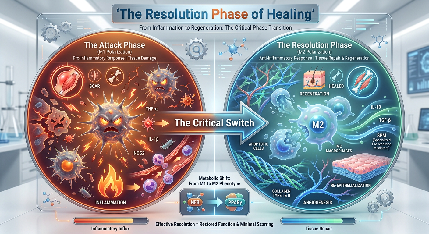 A medical infographic comparing the Pro-inflammatory Phase and the Resolution Phase of healing. The left side shows M1 macrophages and inflammation, while the right side shows M2 macrophages and tissue repair.