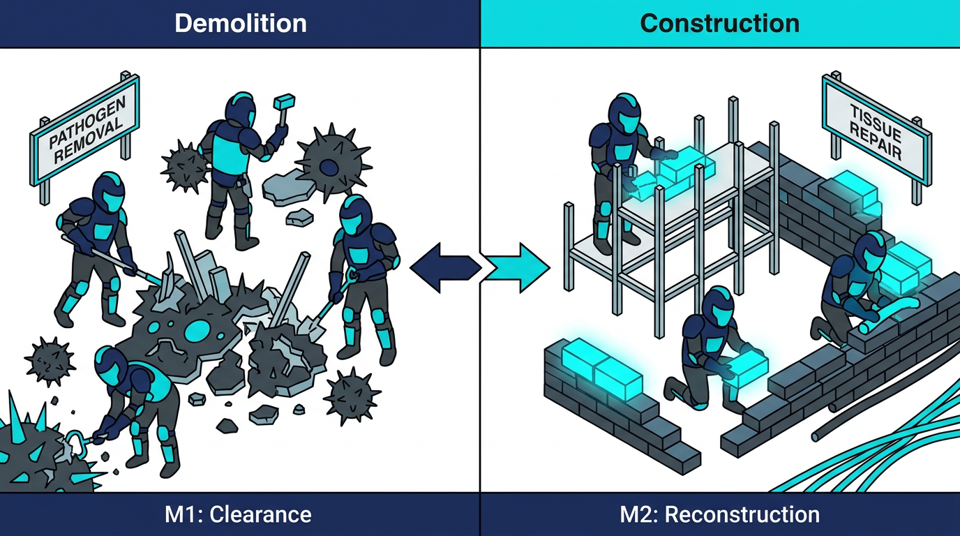 Diagram showing the 'Cellular Construction Site' where Macrophages transition from M1 Demolition crews to M2 Rebuilding crews.