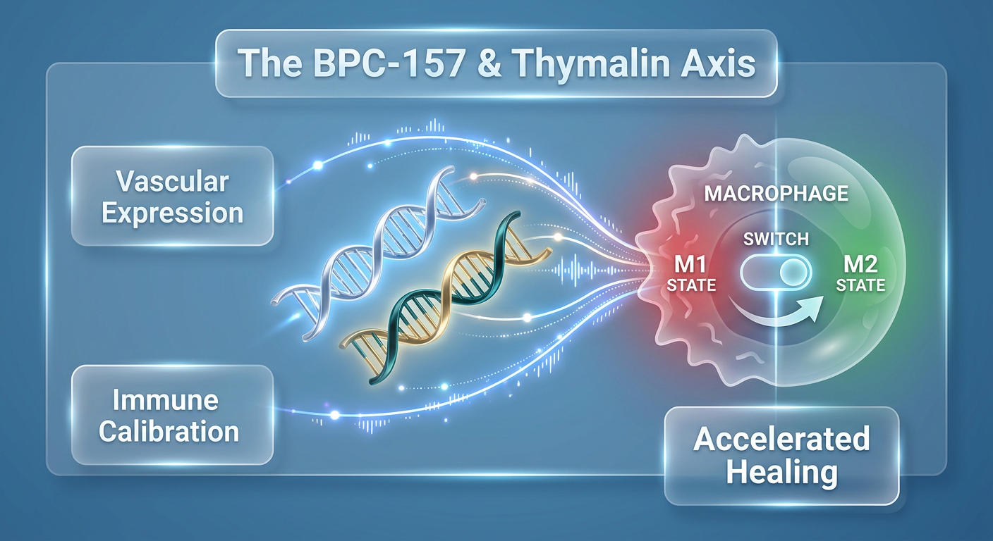 Infographic illustrating the synergistic axis between BPC-157 and Thymalin peptides, showing how they influence macrophage transition and immune balance.