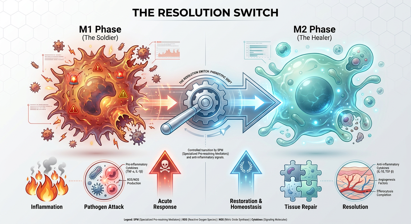 Infographic showing the transition of Macrophages from the pro-inflammatory M1 state to the anti-inflammatory M2 state, labeled as The Resolution Switch.