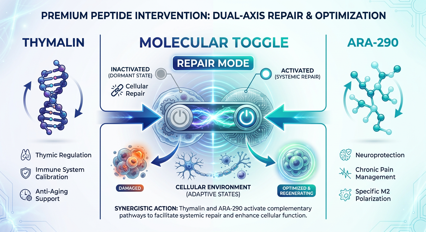Comparison infographic of Thymalin and ARA-290 peptides, highlighting their unique roles in immune modulation and tissue repair.