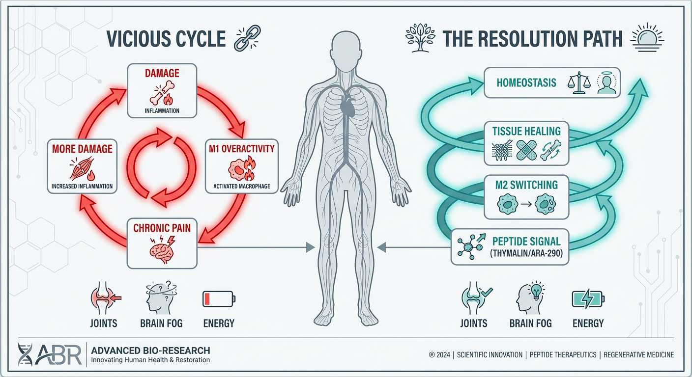 Infographic illustrating the cycle of chronic inflammation versus the restorative cycle of immune resolution in the human body.