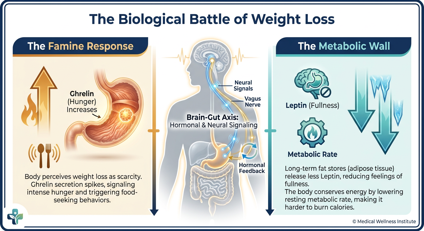 Scientific infographic showing the hormonal battle of weight loss, comparing hunger hormones like ghrelin versus satiety hormones like leptin and GLP-1.