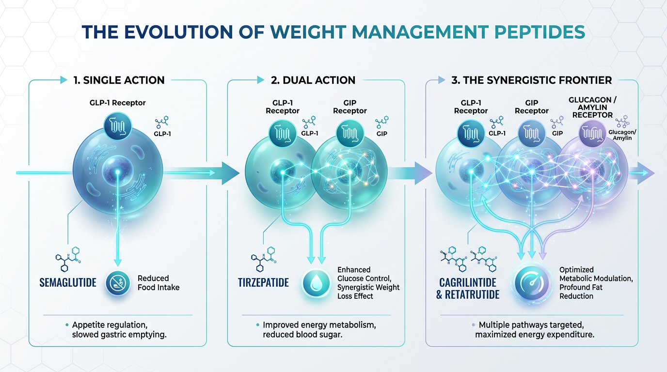 Infographic illustrating the evolution of peptide therapy from single-receptor agonists to multi-pathway dual and triple agonists.