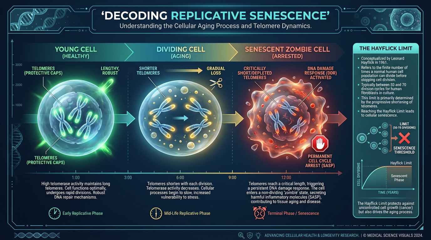 A medical infographic titled 'The Hayflick Limit and Replicative Senescence' showing the progression of a cell as its telomeres shorten until it becomes a zombie cell.