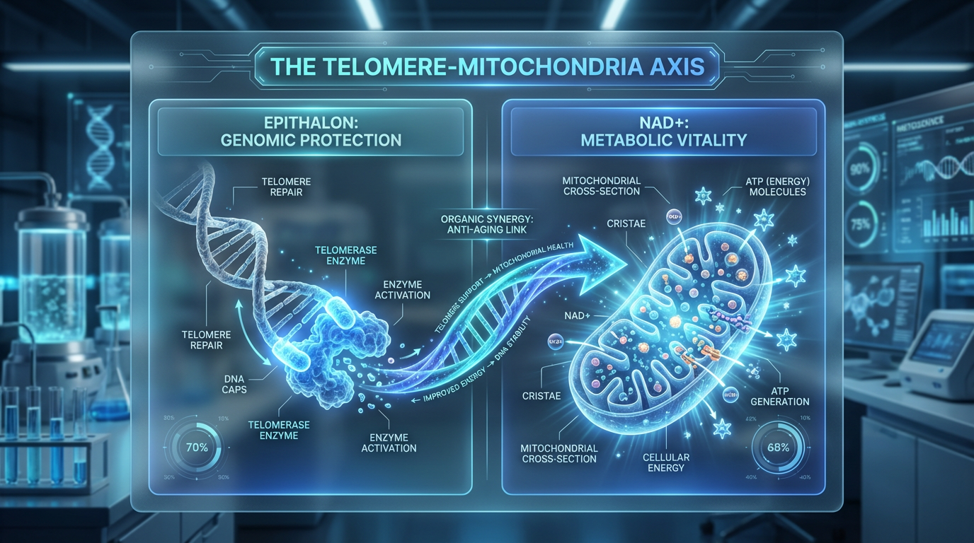 A detailed diagram comparing the function of Epithalon on telomeres and NAD+ on mitochondria, showing their synergistic 'Axis' relationship.