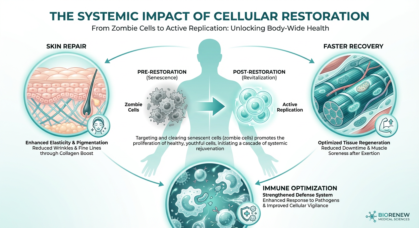 An infographic showing the systemic benefits of targeting cellular aging, including skin repair, muscle recovery, and immune health.