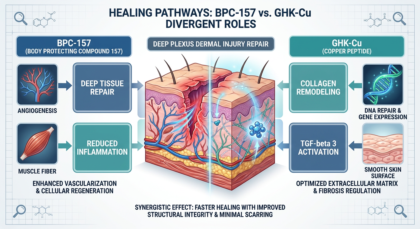 A detailed infographic showing the divergent mechanisms of BPC-157 and GHK-Cu peptides in tissue remodeling. Features BPC-157's role in angiogenesis and GHK-Cu's role in collagen modulation.