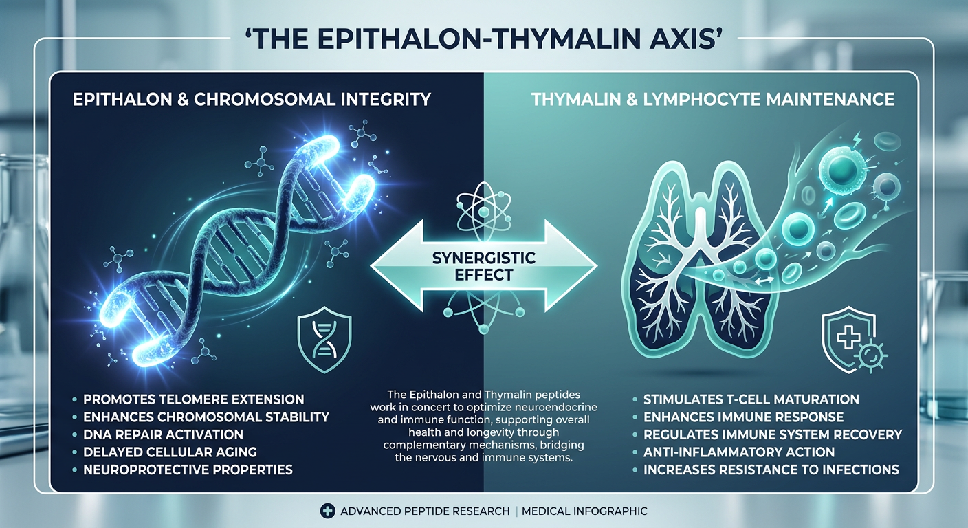 Medical infographic showing the synergist effect of Epithalon and Thymalin on telomeres and the thymus gland.