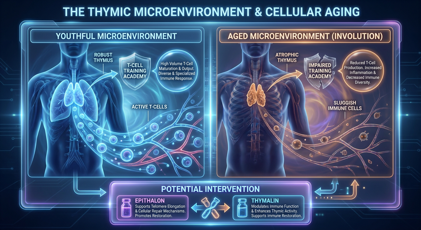 Comparison infographic of a youthful vs. aged thymus gland and the process of T-cell maturation.