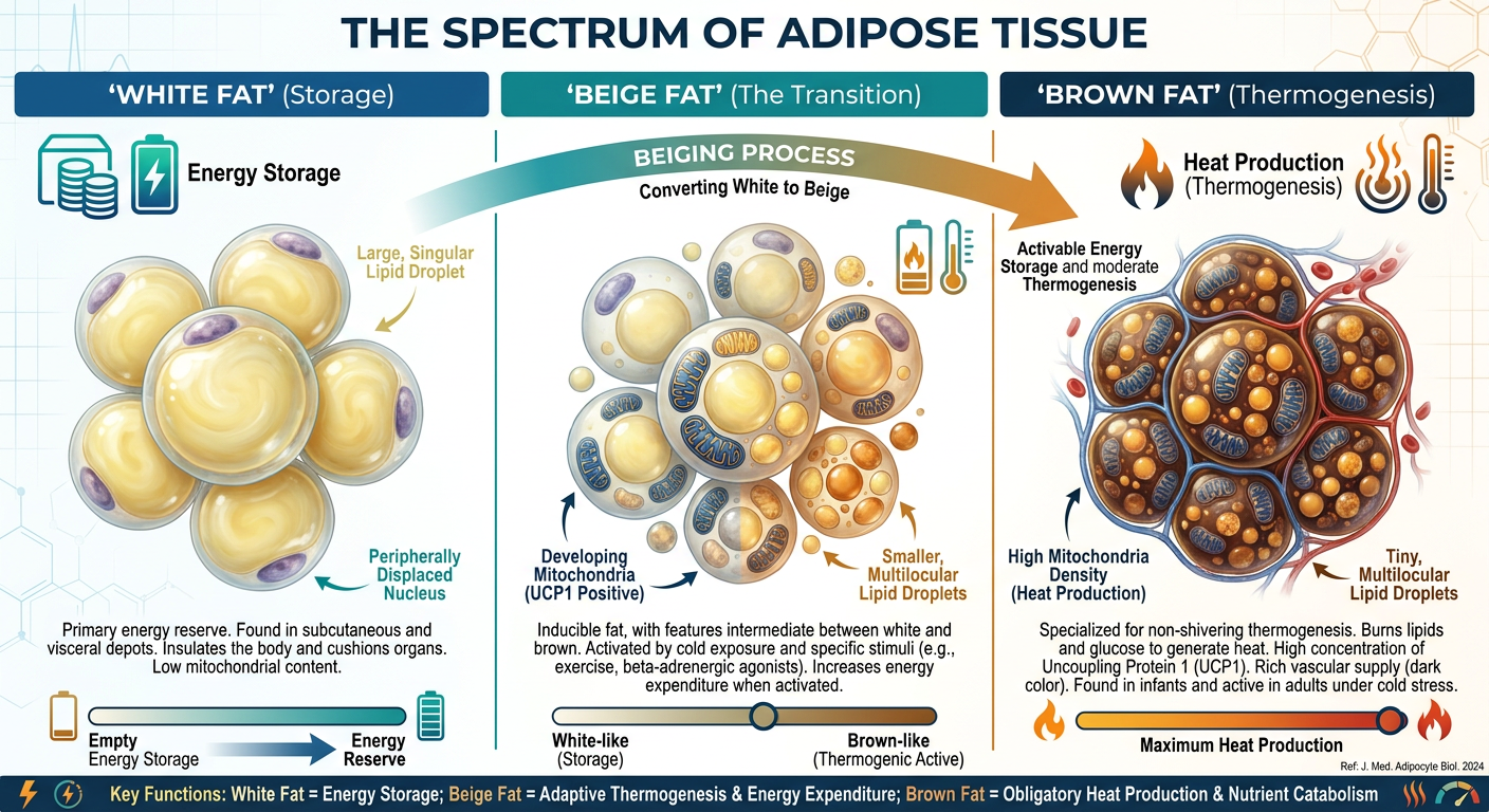 A professional infographic comparing white, brown, and beige adipose tissue, showing the 'beiging' process.