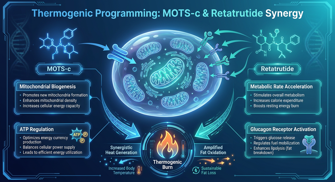 An infographic showing the dual action of MOTS-c and Retatrutide on cellular metabolism and fat burning.
