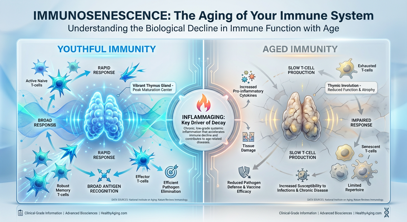A medical infographic comparing a youthful, active immune system with one experiencing immunosenescence, highlighting the role of the thymus gland.
