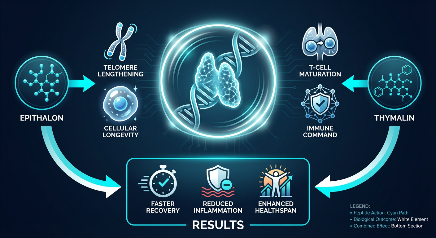 An infographic showing the synergistic effects of Epithalon and Thymalin peptides on thymic rejuvenation and T-cell production.