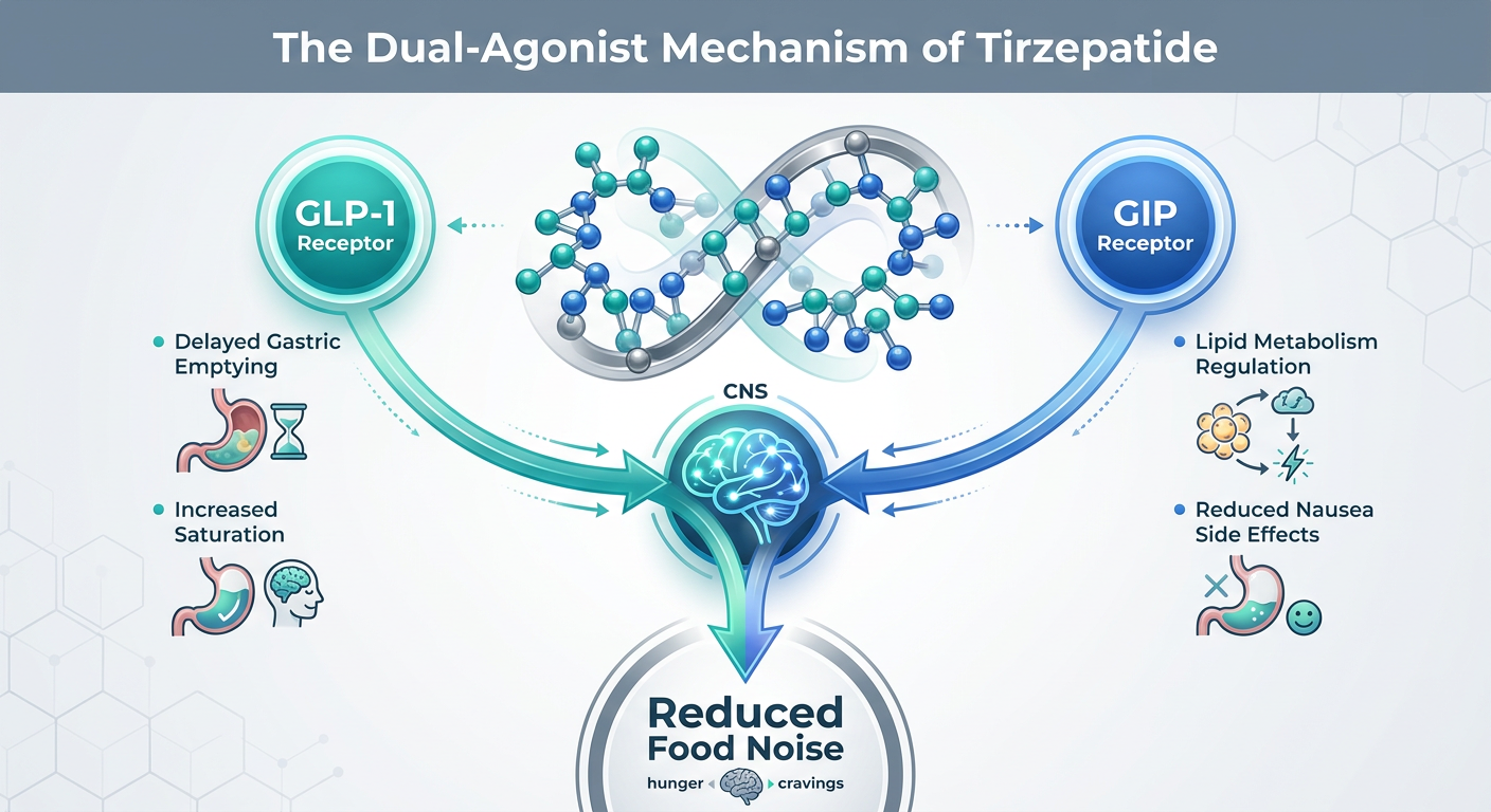 A high-tech scientific infographic titled 'The Dual-Agonist Mechanism of Tirzepatide' showing the interaction between GLP-1 and GIP receptors.