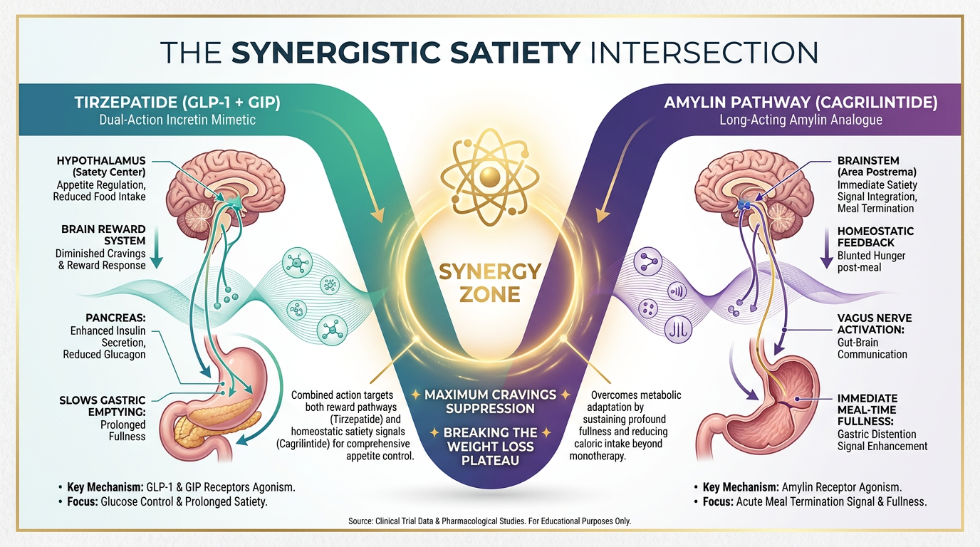 A scientific comparison chart titled 'The Synergistic Satiety Intersection' comparing GLP-1/GIP dual-agonists with Amylin pathway agonists.
