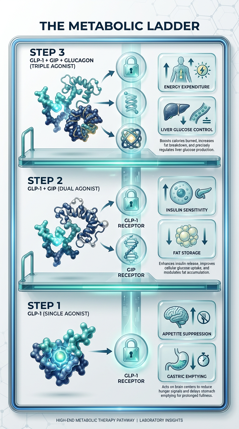 Infographic showing the evolution of metabolic peptides from single to triple agonism, featuring GLP-1, GIP, and Glucagon pathways.