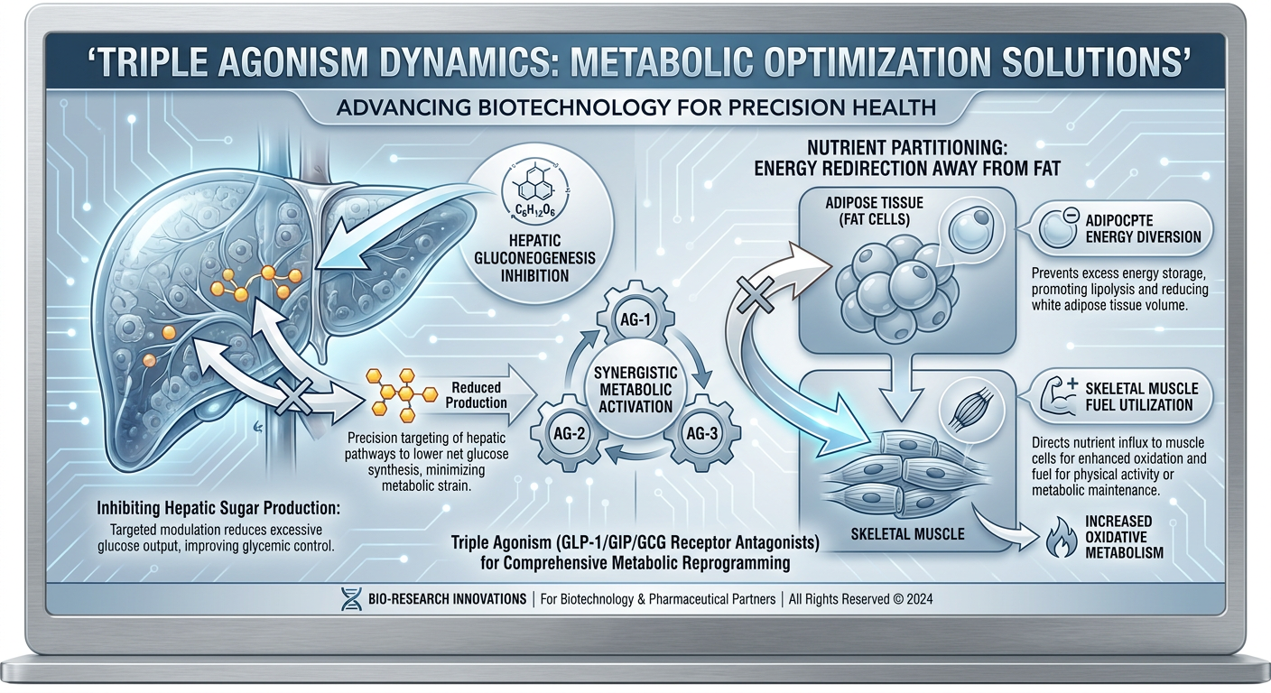 Scientific diagram detailing nutrient partitioning and hepatic gluconeogenesis, showing the liver's role in glucose production and energy distribution.