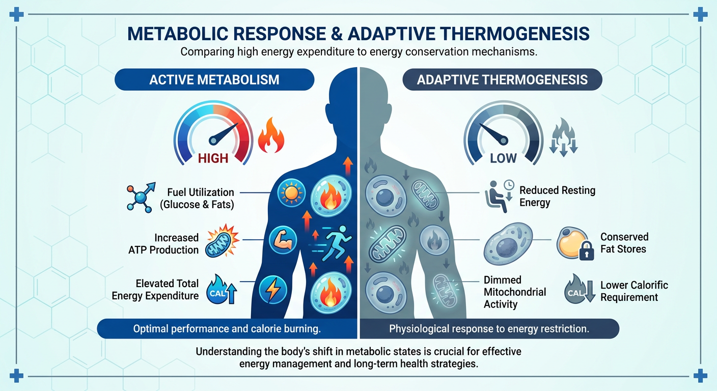 An infographic illustrating the mechanism of Adaptive Thermogenesis, showing a body shifting from 'Optimal Fat Loss' to 'Survival Mode' highlighting metabolic slowdown.