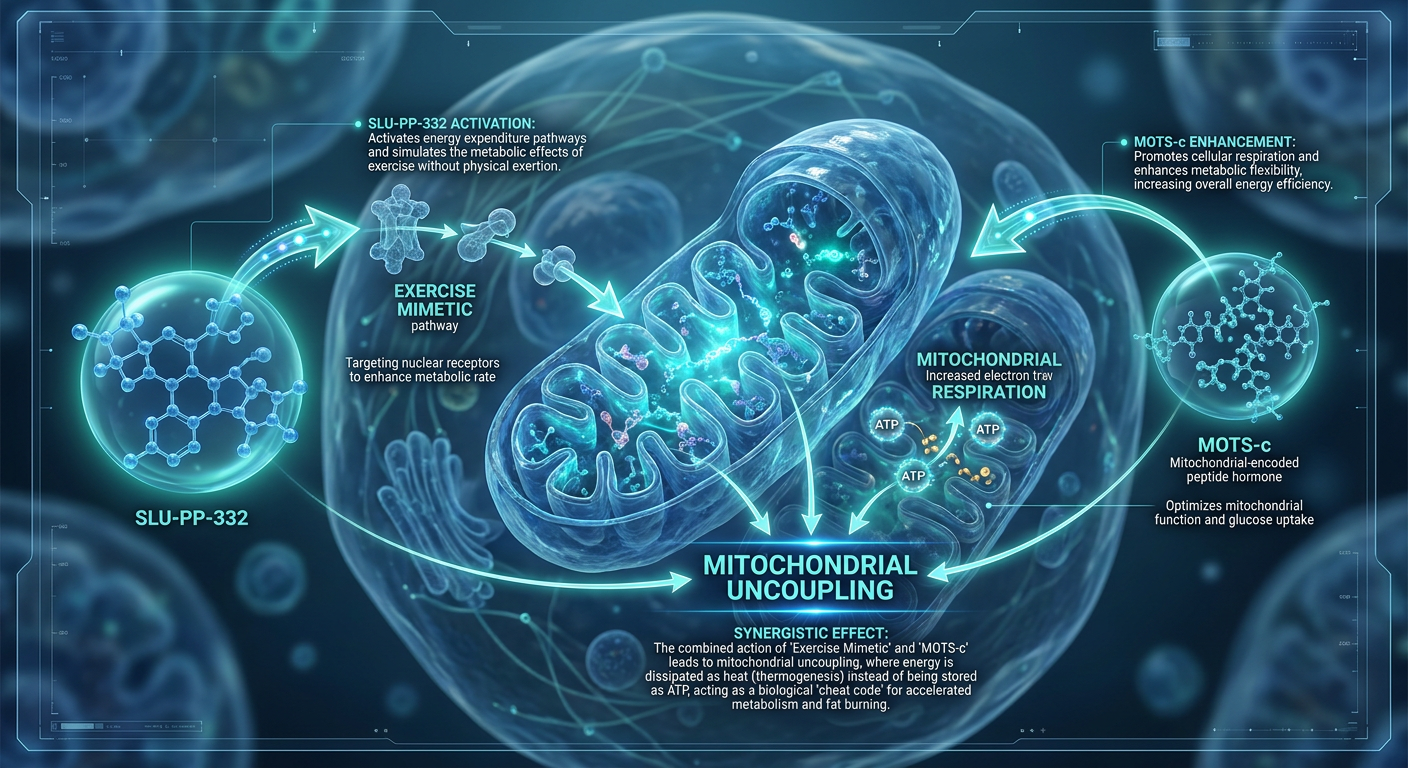 A scientific diagram showing the synergy between SLU-PP-332 and MOTS-c peptides inside a cell, focusing on mitochondrial activity.