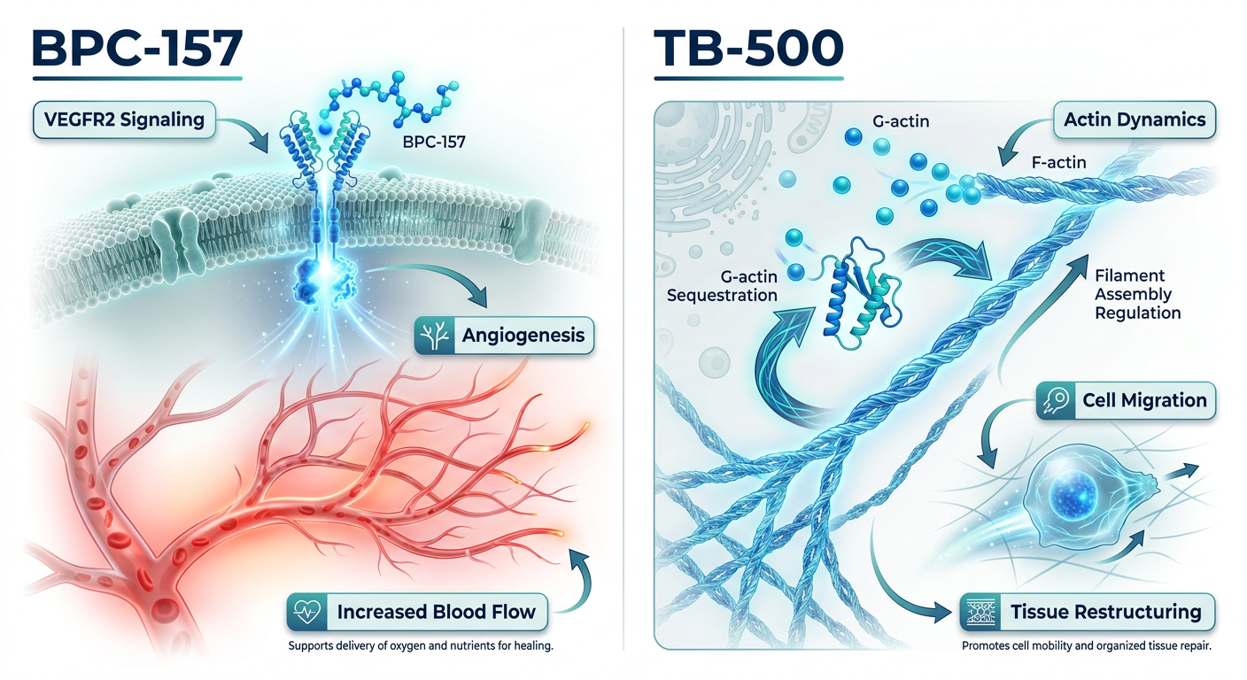 A professional medical infographic comparing the biological pathways of BPC-157 and TB-500, focusing on VEGFR2 signaling and Actin Dynamics.