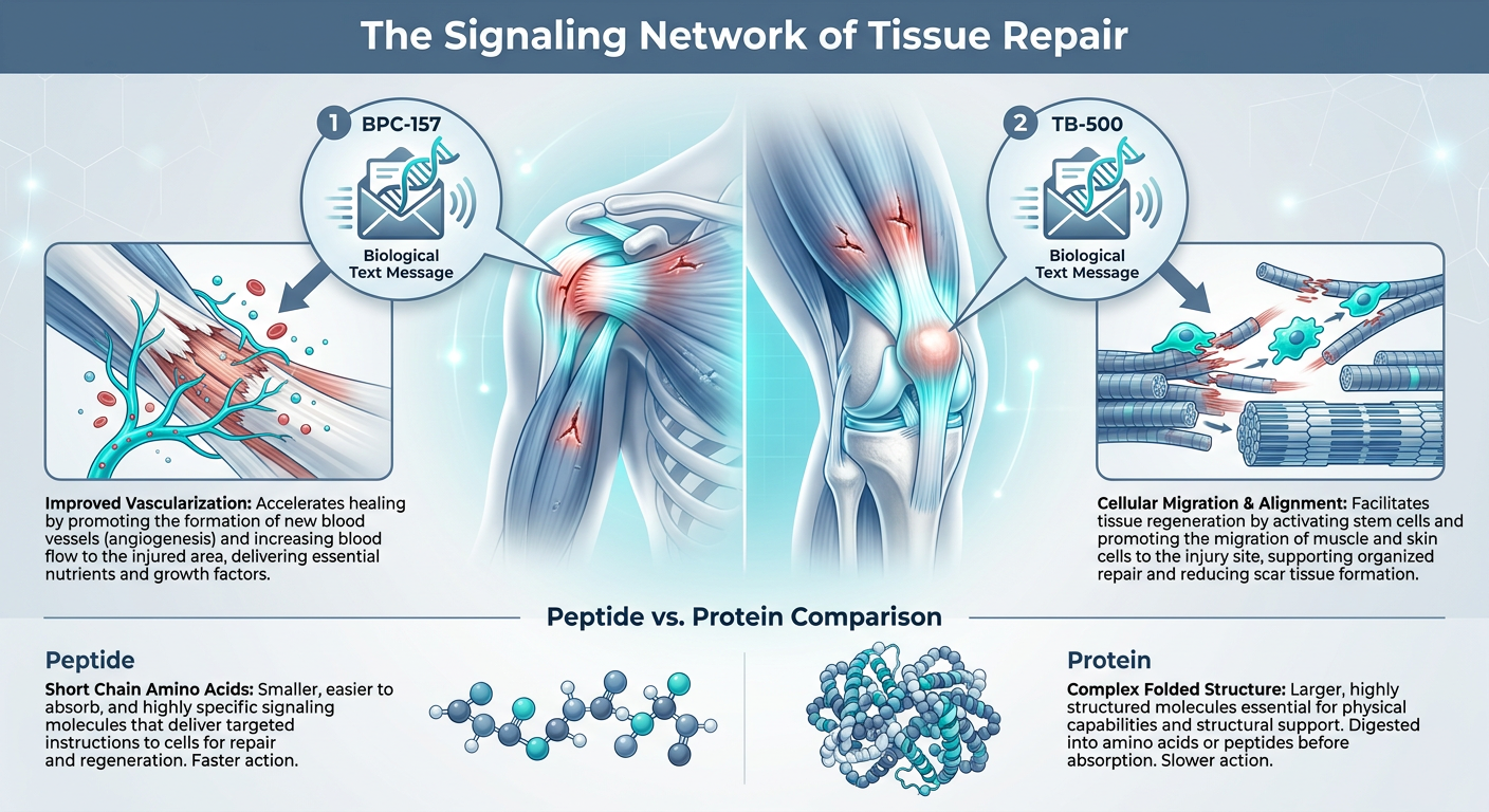 Infographic explaining how BPC-157 and TB-500 act as signaling molecules to repair different types of tissue injuries like muscle strains and tendon tears.