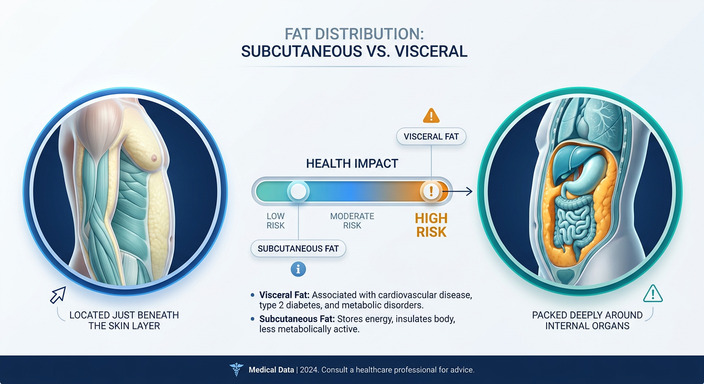 Infographic showing the difference between subcutaneous fat (under the skin) and visceral fat (deep around organs).