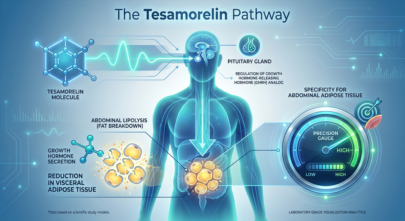 Diagram showing Tesamorelin stimulating the pituitary gland to release growth hormone which then targets fat cells.